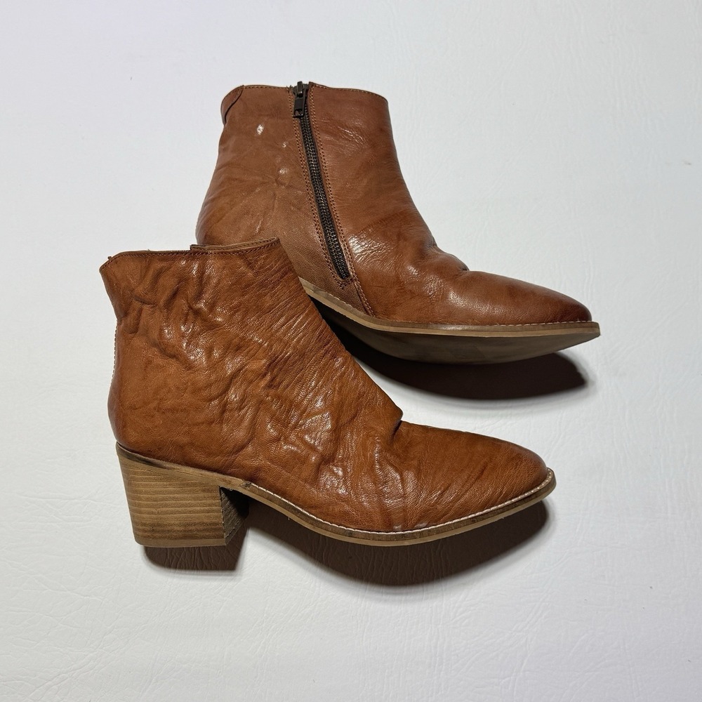 Diba True Hel Lina Ankle Boots Womens 9M Tan Leather Ruched Pointed Toe‎ Boho